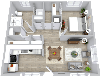 A 3D floor plan of a small apartment with a living room, kitchen, and bathroom.