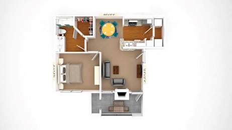 A floor plan of a small apartment with a kitchen, living room, and bathroom.