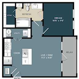 One bedroom one bathroom floor plan at The Bluewood Apartments, Kerrville, Texas