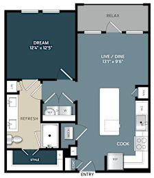 One bedroom apartment floor plan at The Bluewood Apartments, Kerrville