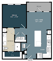One bedroom floor plan layout at The Bluewood Apartments, Texas