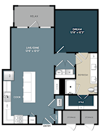 1 bedroom 1 bathroom floor plan layout at The Bluewood Apartments, Texas, 78028