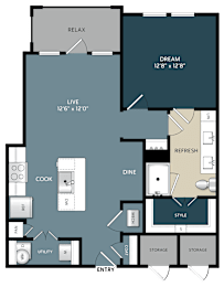 One bedroom apartment floor plan layout at The Bluewood Apartments, Kerrville, TX 78028