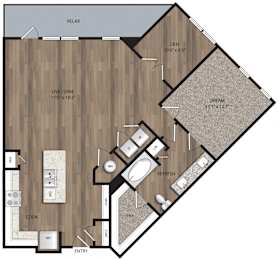 A floor plan of a house with a living room, dining room, kitchen, and bathroom.
