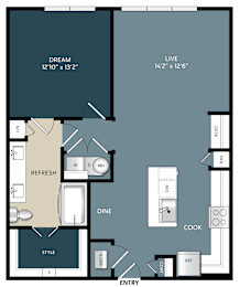 Two bedroom two bathroom floor plan layout at The Bluewood Apartments, Kerrville, TX