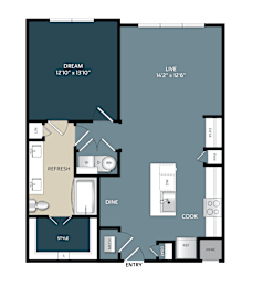 Two bedroom floor plan layout at The Bluewood Apartments, Kerrville, 78028