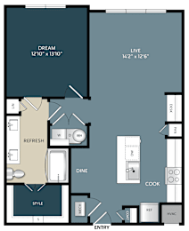 Two bedroom apartment floor plan layout at The Bluewood Apartments, Kerrville, Texas