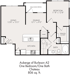 A floor plan for a one bedroom/one bath apartment.