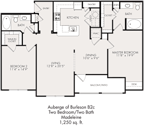 A floor plan of a two bedroom, two bath auberge.