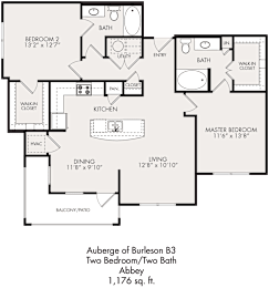 A floor plan of a two bedroom apartment with two bathrooms.