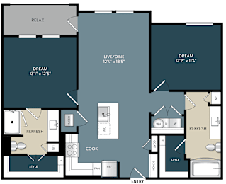 2 bedroom 2 bathroom floor plan at The Bluewood Apartments, Texas