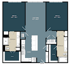 2 bedroom 2 bathroom apartment floor plan at The Bluewood Apartments, Texas, 78028