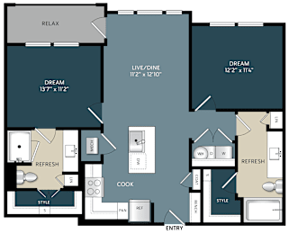 2 bed 2 bath floor plan at The Bluewood Apartments, Kerrville, TX 78028