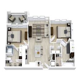 Two bedroom 3D floor plan with balcony at The Westerly Apartments, Texas, 76065