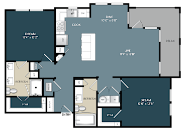 Two bedroom two bathroom apartment floor plan at The Bluewood Apartments, Kerrville, TX