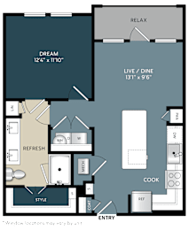 One bedroom apartment floor plan with relax area at The Bluewood Apartments, Kerrville