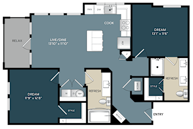Two bedroom two bathroom apartment layout with patio at The Bluewood Apartments, Texas, 78028