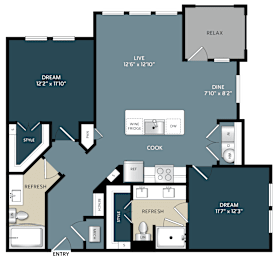 Two bedroom two bathroom apartment layout at The Bluewood Apartments, Kerrville, TX 78028