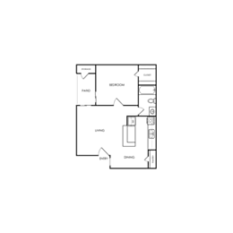 A black and white floor plan of a house with a kitchen, living room, and two bedrooms.