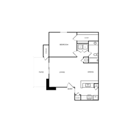 A floor plan of a house with a kitchen, living room, and two bedrooms.
