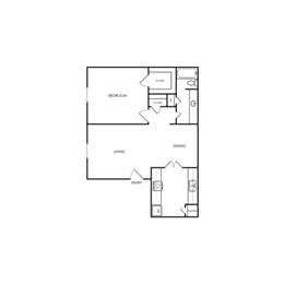 A floor plan of a house with a kitchen, living room, dining room, and two bedrooms.