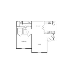 A floor plan of a house with a kitchen, living room, and two bedrooms.