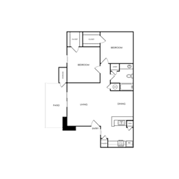 A floor plan of a house with a kitchen, living room, and two bedrooms.