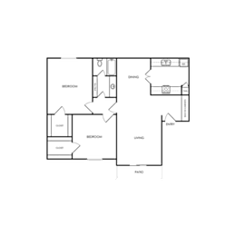 A floor plan of a house with a kitchen, living room, and two bedrooms.