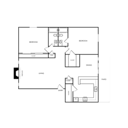 A floor plan of a house with a kitchen, living room, and two bedrooms.