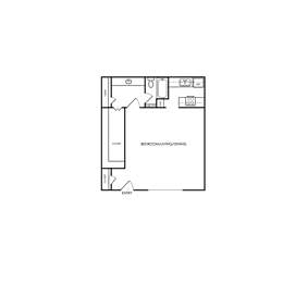 A floor plan of a room with a closet, a door, and a bathroom.