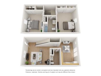 Two Bedroom Two Bathroom split level floorplan at Alder Square Townhomes Apartments, Loveland, Colorado