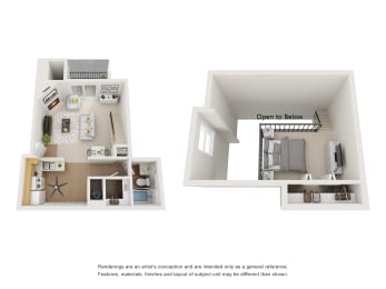 3-D image of a studio floor plan