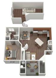 3D rendering of a 1 bed 1 bath loft apartment