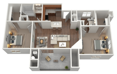 3D rendering of a 2 bed 2 bath apartment