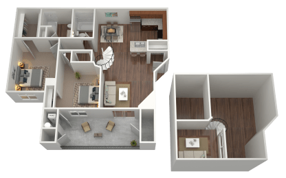 3D rendering of a 2 bed 2 bath loft apartment