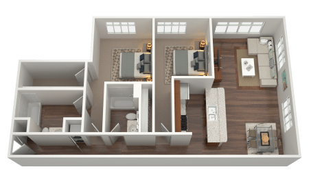 3D rendering of a two-bedroom two-bath floorplan