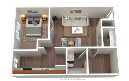 3D rendering of a one bedroom one bath apartment floorplan