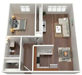 A 3D floor plan of a small apartment with a bedroom, living room, and kitchen.