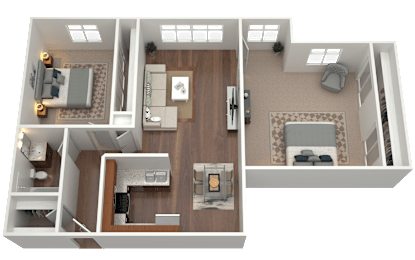 3D rendering of a large two bedroom one bath apartment floorplan
