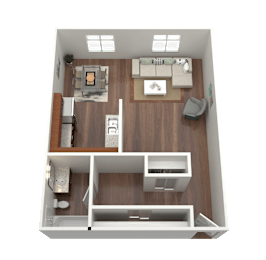 3D rendering of a studio apartment floorplan