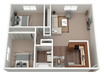 3D rendering of a two bedroom one bath apartment floorplan