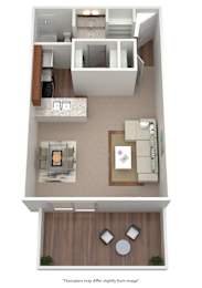 3D rendering of a studio floorplan