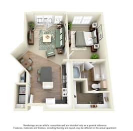 A 3D rendering of a small apartment with a kitchen, living room, and bathroom.
