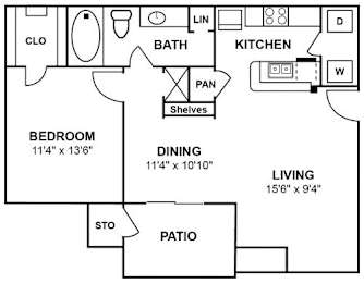 One bedroom floor plan at Silverado Apartments, Texas, 75034
