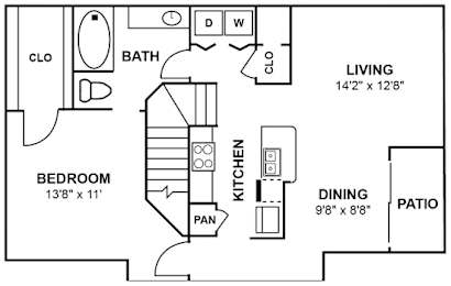 One bedroom floor plan with patio at Silverado Apartments, Frisco, TX