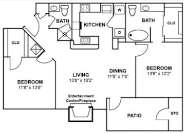 Two bedroom 2 bath floorplan with patio at Silverado Apartments, Frisco, Texas