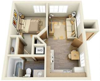 A 3D floor plan of a small apartment with a kitchen, living room, and bathroom.