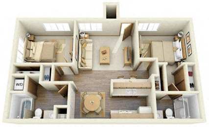 A 3D floor plan of a house with a kitchen, living room, and two bedrooms.