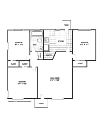 3 Bedroom 1 Bath B Floor Plan at Glen Lennox Apartments, North Carolina, 27514
