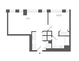 A black and white image of a floor plan for a small apartment.